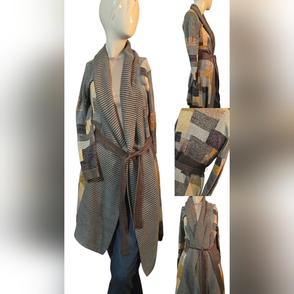 NIC+ZOE Sweaters - NIC+ZOE Multicolor‎ Blue Patchwork  Striped Cardigan ~Medium Cottonblend Retro